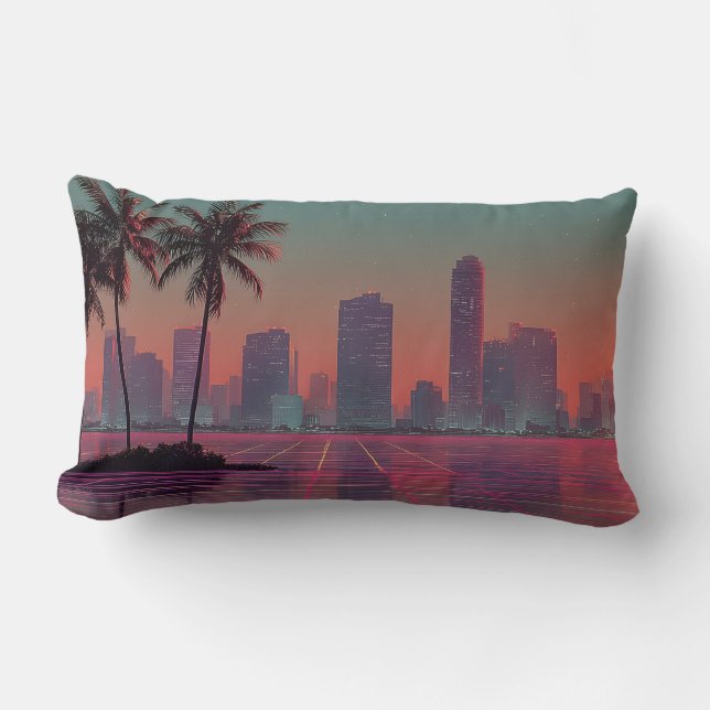 Retro Synthwave Cityscape Sunset Lumbarkudde (Framsida)
