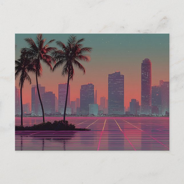 Retro Synthwave Cityscape Sunset Vykort (Framsida)