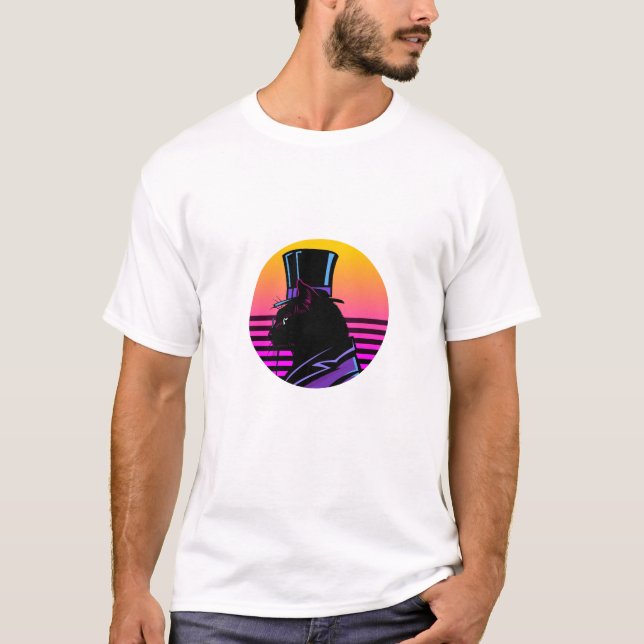 Retro Synthwave Gentleman Cat in Top Hat - Neon Su T Shirt (Framsida)