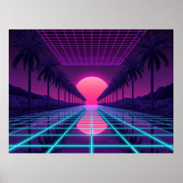 Retro Synthwave Horisont - Neon Grid & Palmträd Po Poster