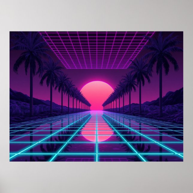 Retro Synthwave Horisont - Neon Grid & Palmträd Po Poster (Framsidan)