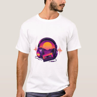 Retro Synthwave Kopfhörer Im Sonnenuntergang T Shirt