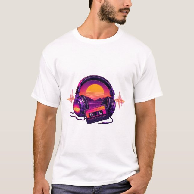 Retro Synthwave Kopfhörer Im Sonnenuntergang T Shirt (Framsida)