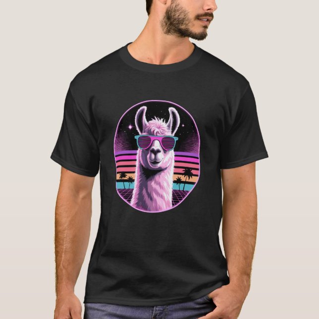 Retro Synthwave Lama Solglasögon Lamas T Shirt (Framsida)