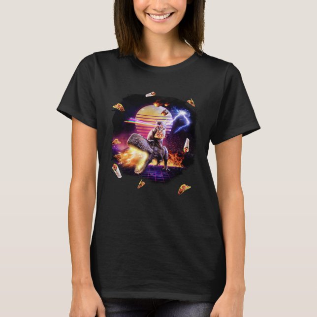 Retro Synthwave Laser Pizza Cat Riding Dinosaur T Shirt (Framsida)