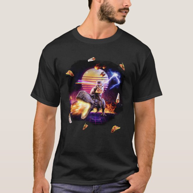 Retro Synthwave Laser Pizza Katt Ridande Dinosauri T Shirt (Framsida)