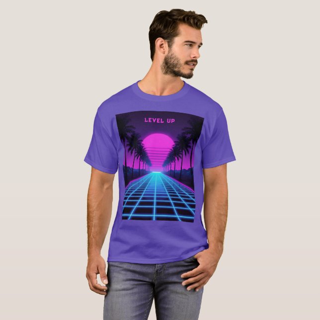 Retro Synthwave Neon Palmträd T Shirt (Hel framsida)