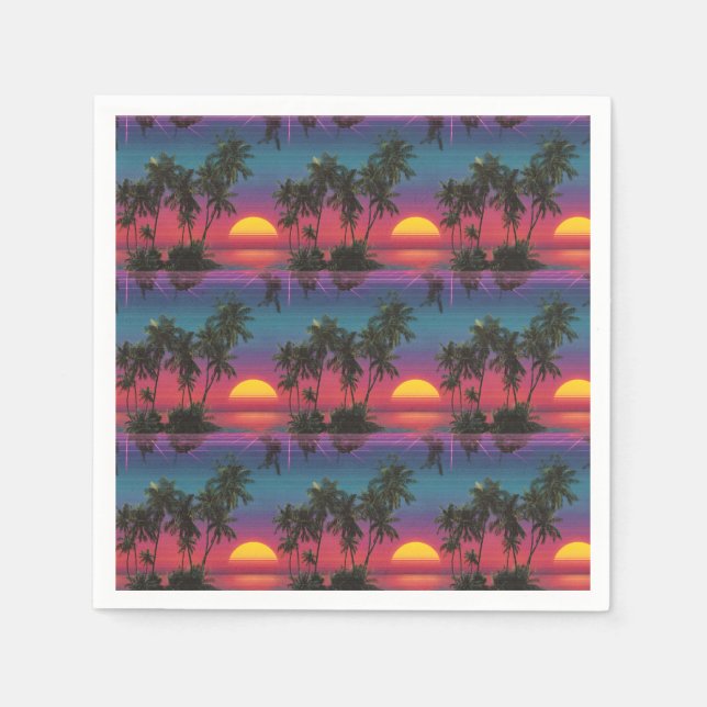 Retro Synthwave Palm Tree Sunset Pattern Pappersservett (Framsidan)