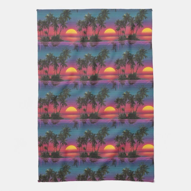 Retro Synthwave Palmträd Solnedgångsmönster Kökshandduk (Vertikal)