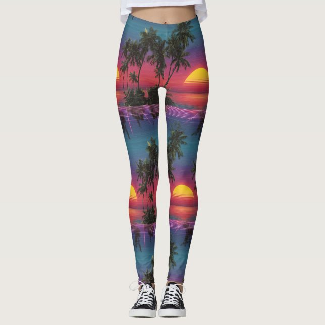Retro Synthwave Palmträd Solnedgångsmönster Leggings (Framsida)