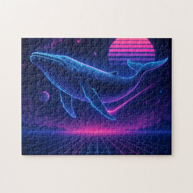 Retro Synthwave Whale – Neon Space Art Puzzle Pussel (Horisontell)