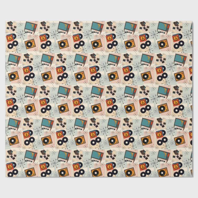 Retro t.v., stereo, camera & vinyl albums presentpapper (Platt)