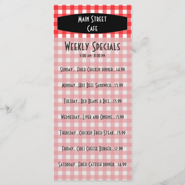 Retro Tablecloth Red Gingham Cafe Menu Meny (Framsida)