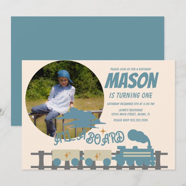 Retro tåg barnkalas jordnära  Foto Inbjudningar (Fram/baksida)