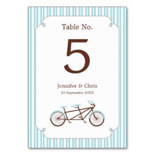 Retro Tandem Bicycle Blue & White Stripe Bröllop Bordsnummer