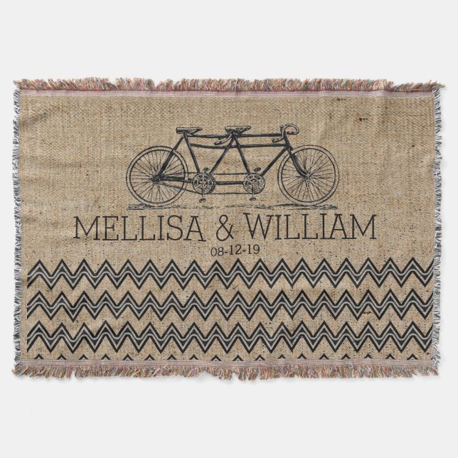 Retro Tandem Bicycle Chevron Burlap Bröllop Gift Mysfilt (Framsidan)