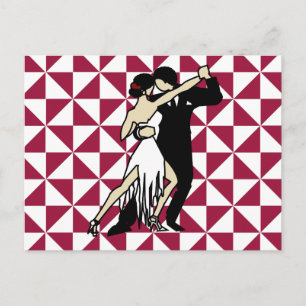 Retro Tango Dancers Burgundy Geometric Vykort