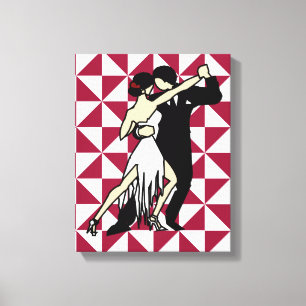 Retro Tango Dancers on Burgundy Geometric Canvastryck