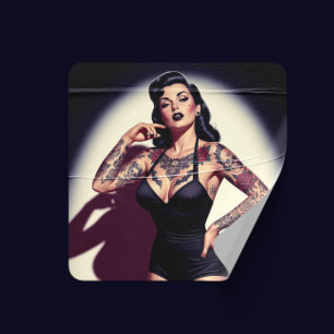 Retro Tatoverad Pin-up Fyrkantigt Klistermärke
