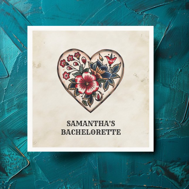 Retro Tatto Heart Flowers Namn Bachelorette Pappersservett (Skapare uppladdad)