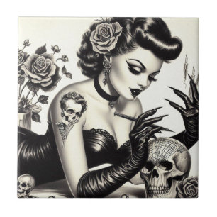 Retro Tattoed Goth Pin-up Kakelplatta