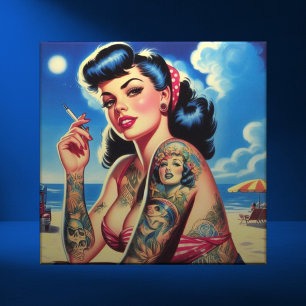 Retro Tattooed Bikini Summer Pin-up Kakelplatta