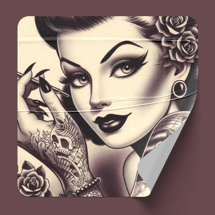 Retro Tattooed Pin Up Fyrkantigt Klistermärke