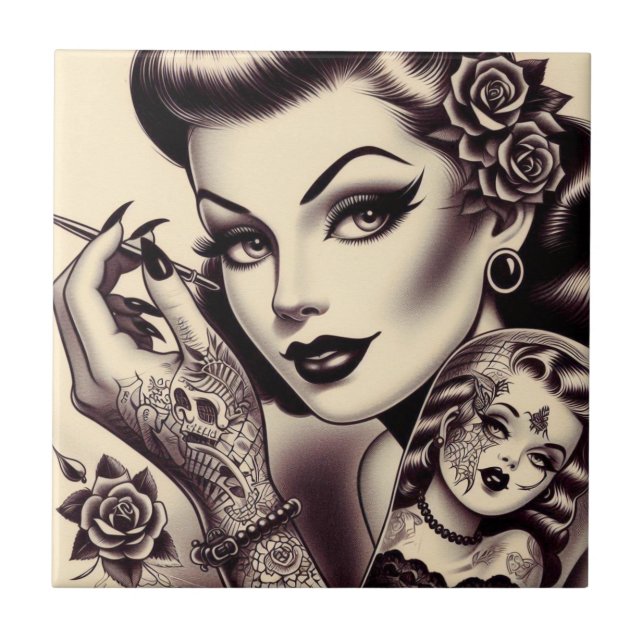 Retro Tattooed Pin Up Kakelplatta (Framsidan)