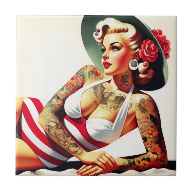 Retro Tattooed Swimdress Pin-up Kakelplatta (Framsidan)