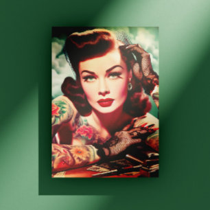 Retro Tatuerad Pinuppa Vykort