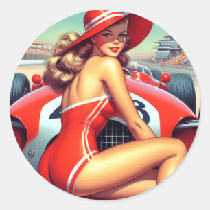 Retro-Tävla-Pin-up Runt Klistermärke
