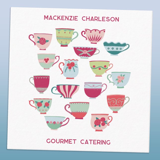 Retro Tea Kopp Catering Bakery Cafe Fyrkantigt Visitkort (Retro tea cups custom catering bakery cafe cook chef restaurant square business card)