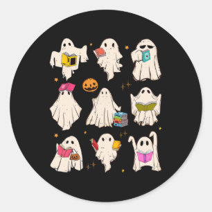 Retro Teacher Halloween Ghost läser mer Bokar Teac Runt Klistermärke