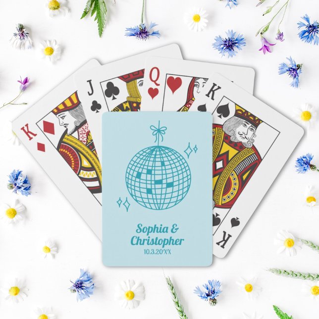 Retro Teal Blue Disco Boll Bröllop Personlig Casinokort (Retro Teal Blue Disco Ball Wedding Personalized Playing Cards
)