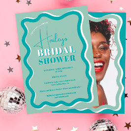 Retro teal blue-kurvbläddring vågigt möhippa inbjudningar