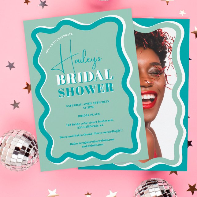 Retro teal blue-kurvbläddring vågigt möhippa inbjudningar (Skapare uppladdad)