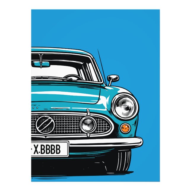Retro Teal Classic Car Front Pop Art Illustration Fototryck (Framsidan)