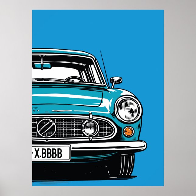 Retro Teal Classic Car Front Pop Art Illustration Poster (Framsidan)