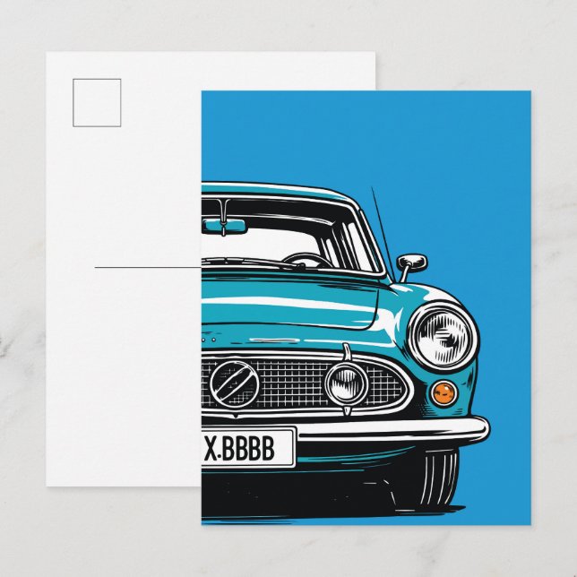 Retro Teal Classic Car Front Pop Art Illustration Vykort (Fram/baksida)