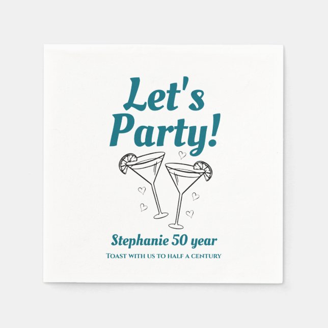 Retro Teal Cocktail Woman's 50th Birthday Party Pappersservett (Framsidan)