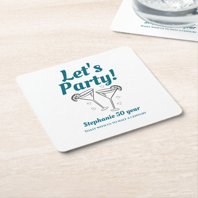 Retro Teal Cocktail Woman's 50th Birthday Party Underlägg Papper Kvadrat (Vinklad)