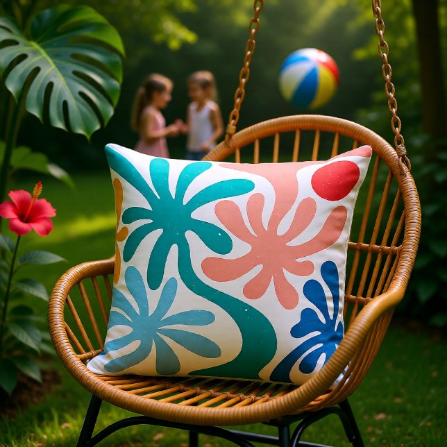 Retro Teal Korall Abstrakt Tropisk Palmer Sommar Kudde (Retro Teal Coral Abstract Tropical Palms Summer Throw Pillow)