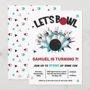 Retro Teal och Red Bowling Födelsedagsfest Inbjudningar