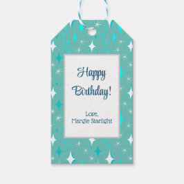 Retro Teal och White Star Mönster Editable Presentetikett