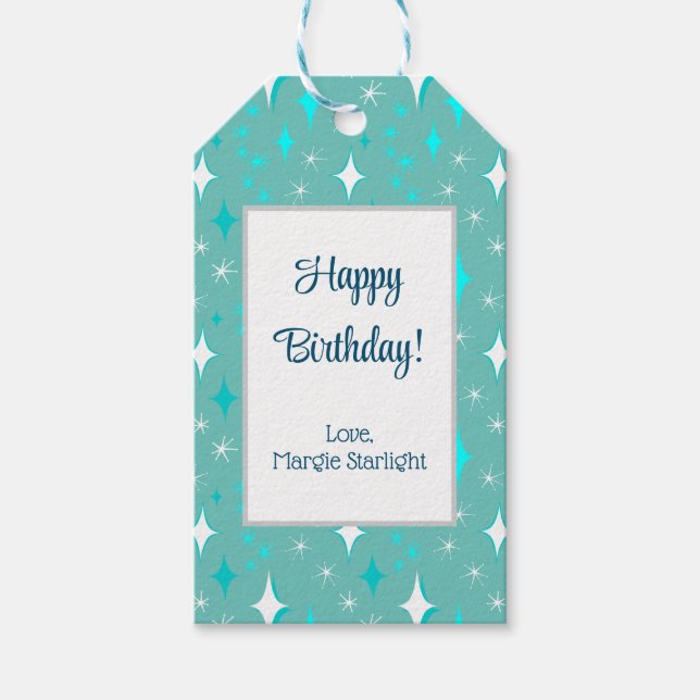 Retro Teal och White Star Mönster Editable Presentetikett (Framsidan)