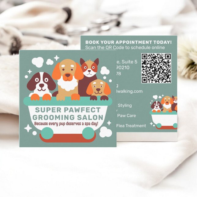 Retro Teal orange Hundar Grooming Salon Qr-kod Fyrkantigt Visitkort (Retro Teal orange Dogs Grooming Salon Qr code Square Business Card)