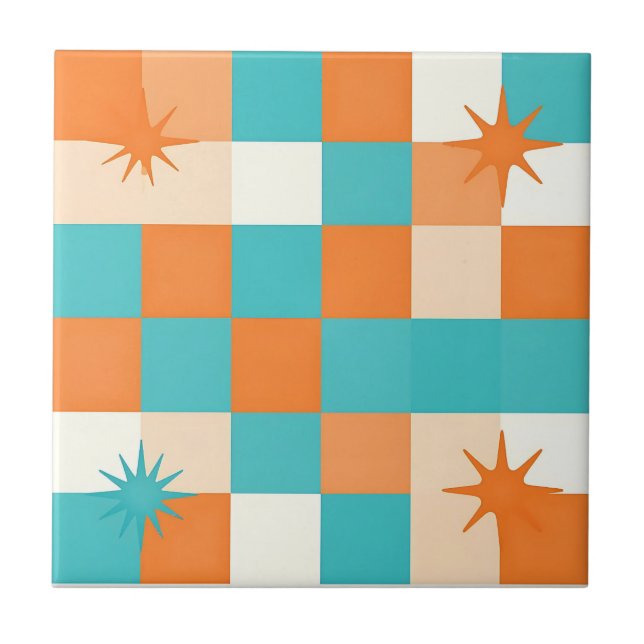 Retro Teal Orange Starburst Checkerboard Kakelplatta (Framsidan)