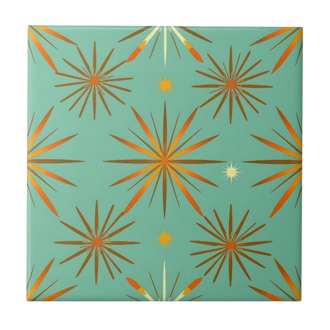 Retro Teal Orange Starburst Pattern Kakelplatta (Framsidan)