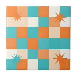 Retro Teal Orange Stjärnexplosion Rutigt Mönster Kakelplatta