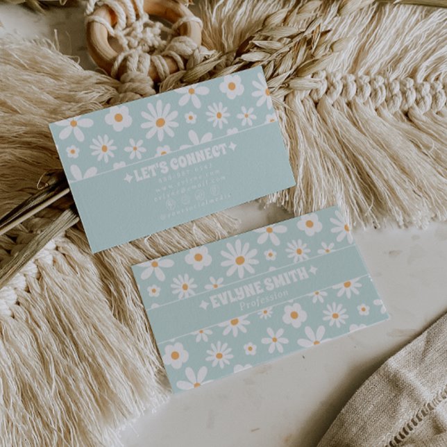 Retro Teal Pastell Groovy Blommig Boho Unik 70-tal Visitkort (Skapare uppladdad)